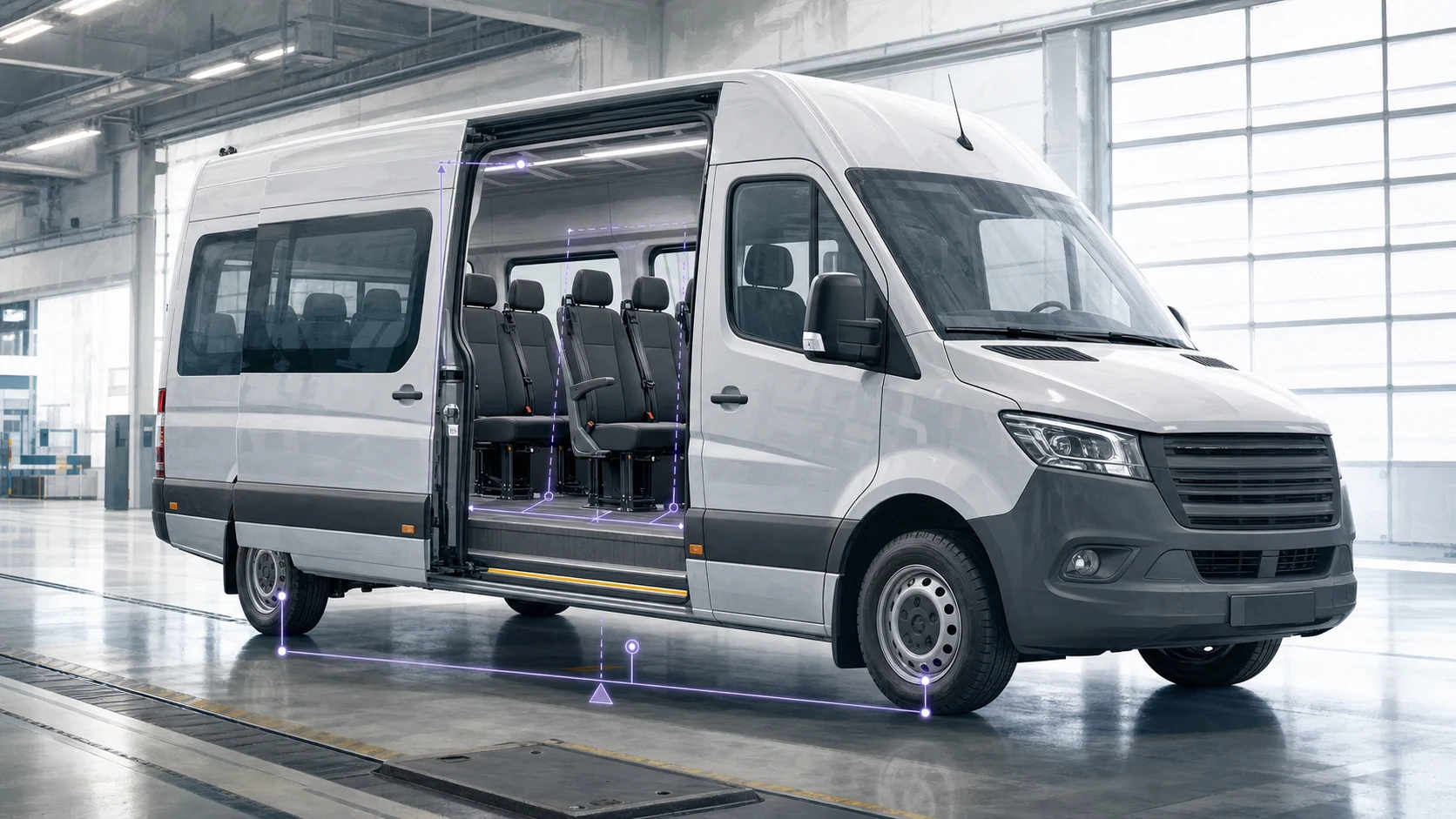 M2 minibüs dönüşümünde yolcu kapısı, koltuk ankrajı, koridor ve kütle dağılımı